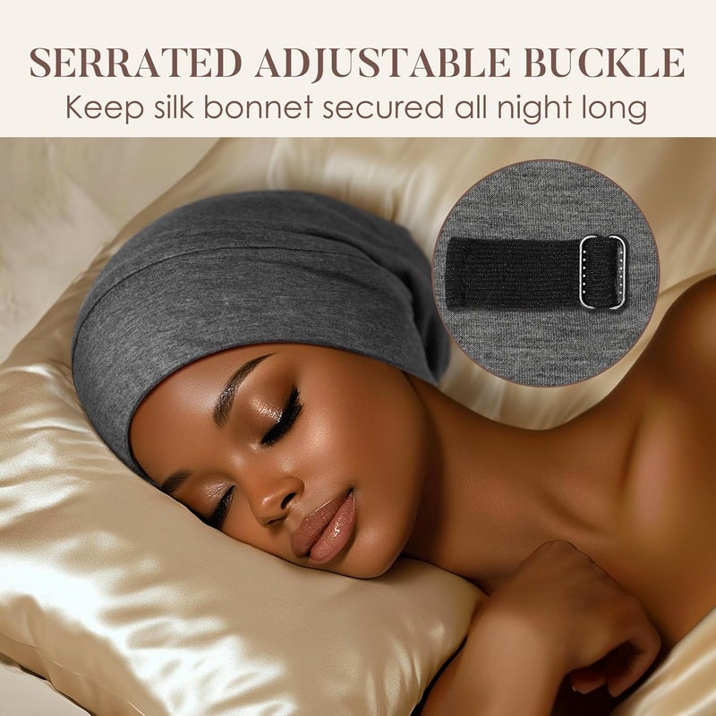 LULUSILK Mulberry Silk Lined Sleep Cap, No More Frizzy Tangled Hair, Stay On All Night Silk Hair Wrap for Sleeping with Adjustable Strap, Silk Bonnet for Women and Men, Dark Grey, Pack of 1 - Image 4
